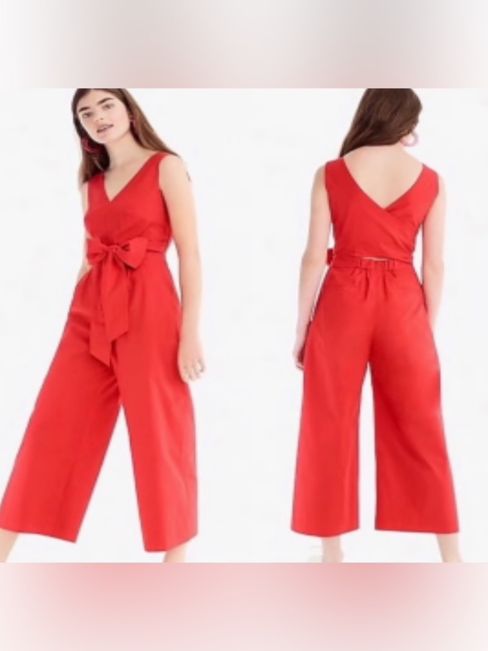 J. Crew Red V-Neck Wide-Leg Jumpsuit with Self Tie